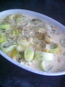 Leeks, cream and cheese pre-cooking.